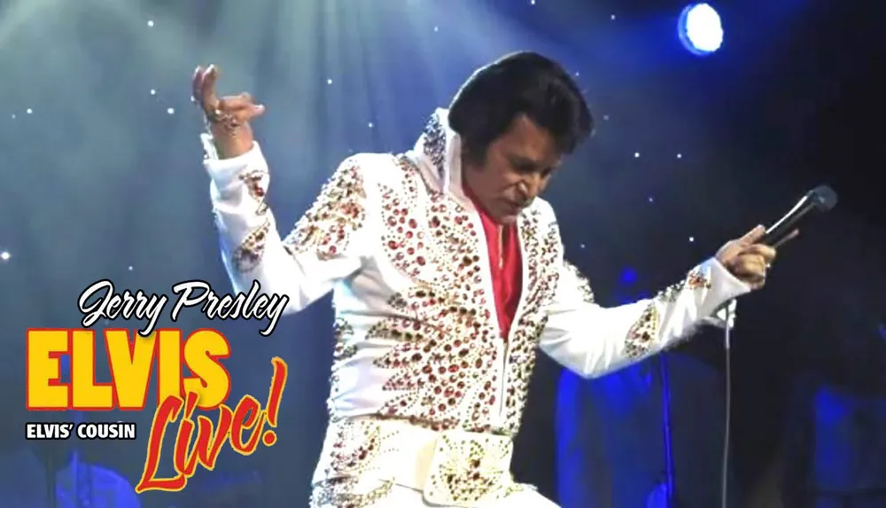 The image features a performer dressed in a rhinestone-studded Elvis-style jumpsuit holding a microphone with the text Jerry Presley Elvis Cousin Live displayed