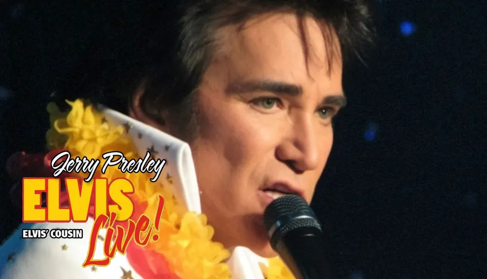 A performer dressed in an Elvis Presley-style outfit with text indicating Jerry Presley Elvis cousin Live is singing into a microphone