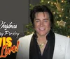 The image shows a man in a festive setting next to a decorated Christmas tree with text promoting Christmas with Jerry Presley Elvis Live
