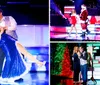 A man and woman in formal attire are performing a dance on stage surrounded by Christmas trees and bright lights