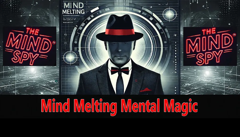 The image features a mysterious figure in a suit and hat surrounded by futuristic graphics with the text Mind Melting Mental Magic and The Mind Spy