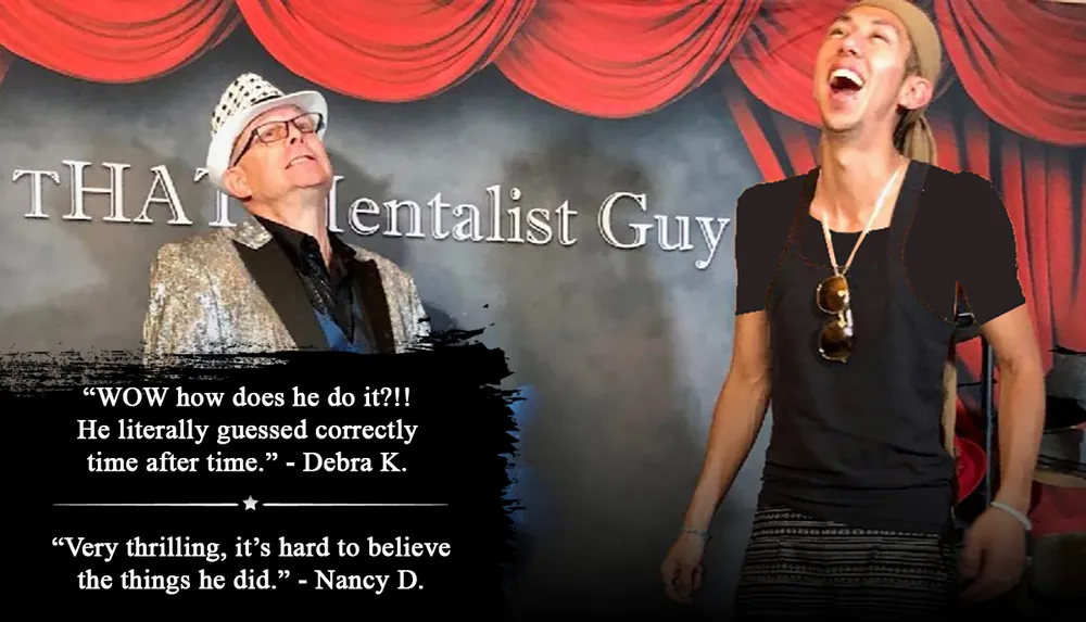 Two people are on a stage with one wearing a sparkly jacket and the other laughing in front of a backdrop that says THA Mentalist Guy with red curtains above