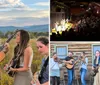 A group of four people are playing musical instruments and singing outdoors in a scenic field with mountains in the background