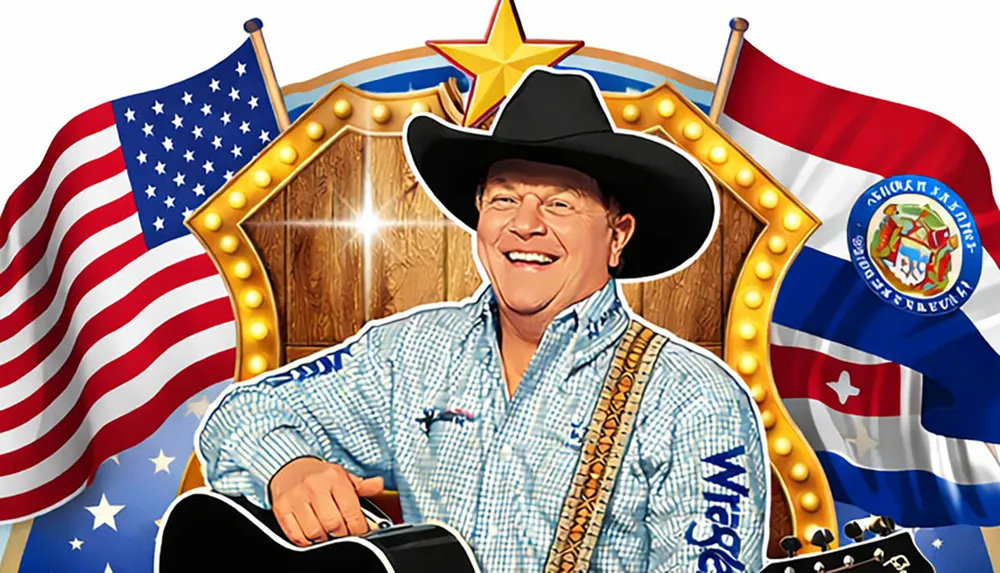 The image features a smiling cowboy wearing a black hat and holding a guitar set against a background of American and Missouri flags with a large star and wooden decoration