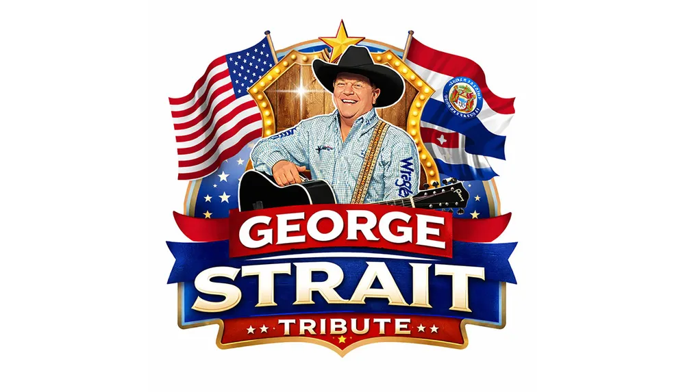 The image features a man in a cowboy hat playing guitar with American flags in the background and text reading George Strait Tribute