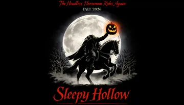 A Headless Horseman holding a glowing jack-o'-lantern rides a horse in front of a full moon, with 