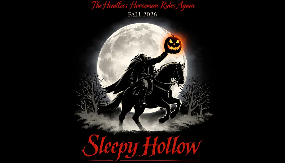 A Headless Horseman holding a glowing jack-o-lantern rides a horse in front of a full moon with The Headless Horseman Rides Again and Sleepy Hollow text indicating a Fall 2026 event