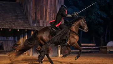 A cloaked rider on a horse is galloping with a sword raised, creating a dramatic and medieval atmosphere.