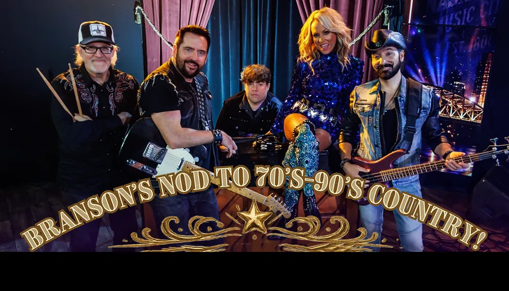 A group of five musicians pose with instruments on stage accompanied by text that reads Bransons Nod to 70s-90s Country