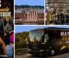 The image advertises Mayhams Country Comedy Bus Tour labeled as Bransons Funniest Ride featuring a man in a yellow and black checkered vest