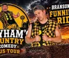The image advertises Mayhams Country Comedy Bus Tour labeled as Bransons Funniest Ride featuring a man in a yellow and black checkered vest