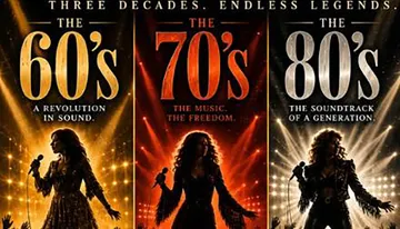 The image is a triptych poster celebrating music across the 60s, 70s, and 80s with the themes: 
