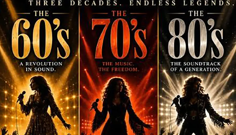 The image is a triptych poster celebrating music across the 60s 70s and 80s with the themes A Revolution in Sound The Music The Freedom and The Soundtrack of a Generation each featuring a silhouette of a performer holding a microphone