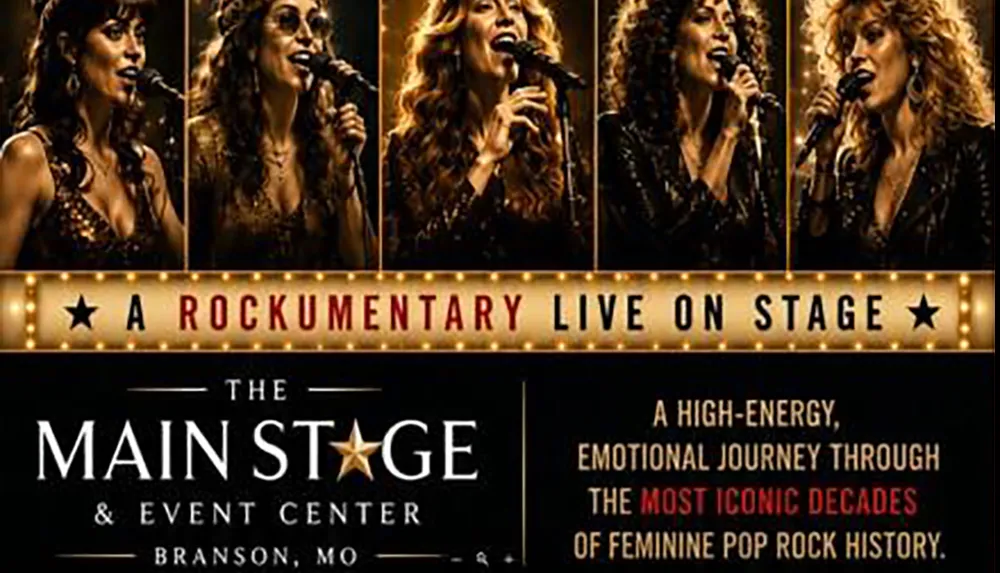 The image is a promotional poster for a live rock documentary show at The Main Stage  Event Center in Branson MO highlighting iconic decades of feminine pop rock history