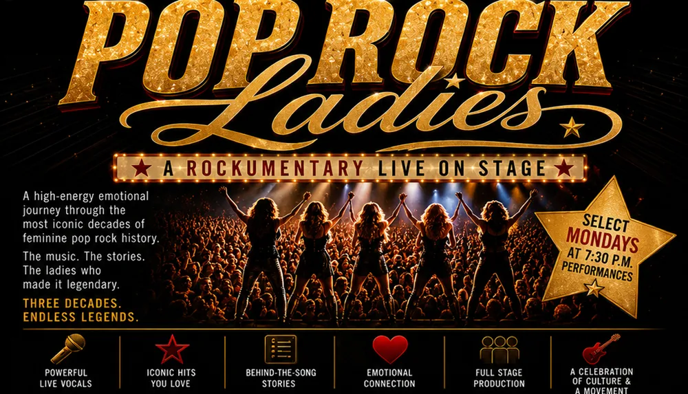 The image is a promotional poster for Pop Rock Ladies A Rockumentary Live on Stage highlighting a high-energy show featuring iconic feminine pop rock music and stories with performances on select Mondays at 730 PM