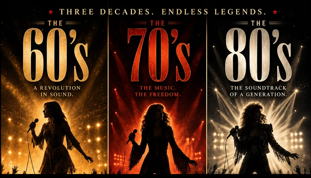 The image showcases a triptych celebrating three decades of music legends with each section highlighting the 60s as A Revolution in Sound the 70s as The Music The Freedom and the 80s as The Soundtrack of a Generation accompanied by silhouetted singers on stage
