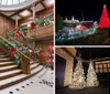 Two women in traditional maid outfits are decorating a lavishly adorned Christmas tree with ornaments near a grand staircase