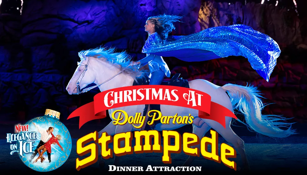 A performer in a blue costume is riding a white horse during a Christmas show at Dolly Partons Stampede Dinner Attraction