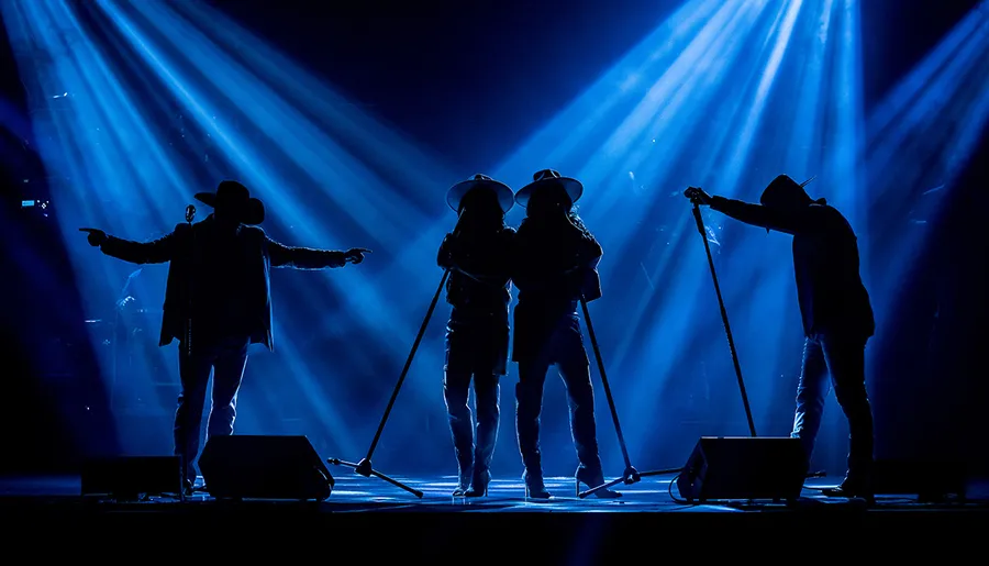 Silhouetted musicians wearing cowboy hats are illuminated by striking blue stage lights during a performance.
