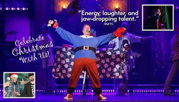 A festive stage performance features a person dressed in a Santa-themed outfit with outstretched arms, surrounded by Christmas decorations and graphics promoting a holiday show.