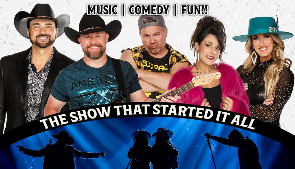 The image shows a lively stage performance by Bransons Famous Baldknobbers featuring colorful lighting and musicians with an inset displaying an entertainer in vibrant attire