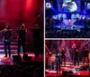 A group of performers is singing passionately on a dramatically lit stage accompanied by red lighting and stage smoke