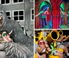 A family poses playfully with a giant gorilla statue that appears to be roaring and grabbing them