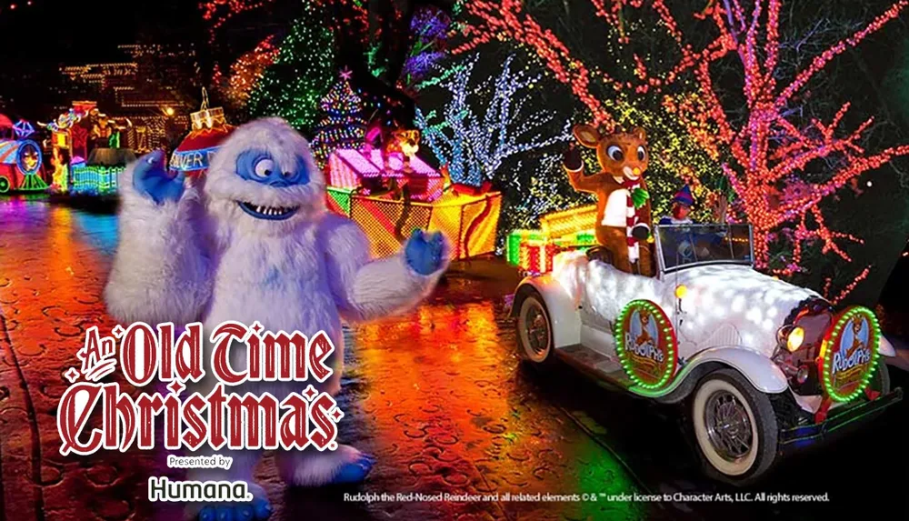 The image features a festive Christmas scene with colorful lights an Abominable Snowman figure and a vintage car with Rudolph the Red-Nosed Reindeer promoting An Old Time Christmas