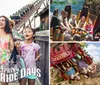A roller coaster full of riders is ascending a steep loop with a lush green forest in the background