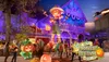 A lively Halloween-themed festival scene features colorful decorations, a giant pumpkin figure, and people enjoying the festivities under vibrant purple lighting.