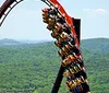 A roller coaster full of riders is ascending a steep loop with a lush green forest in the background