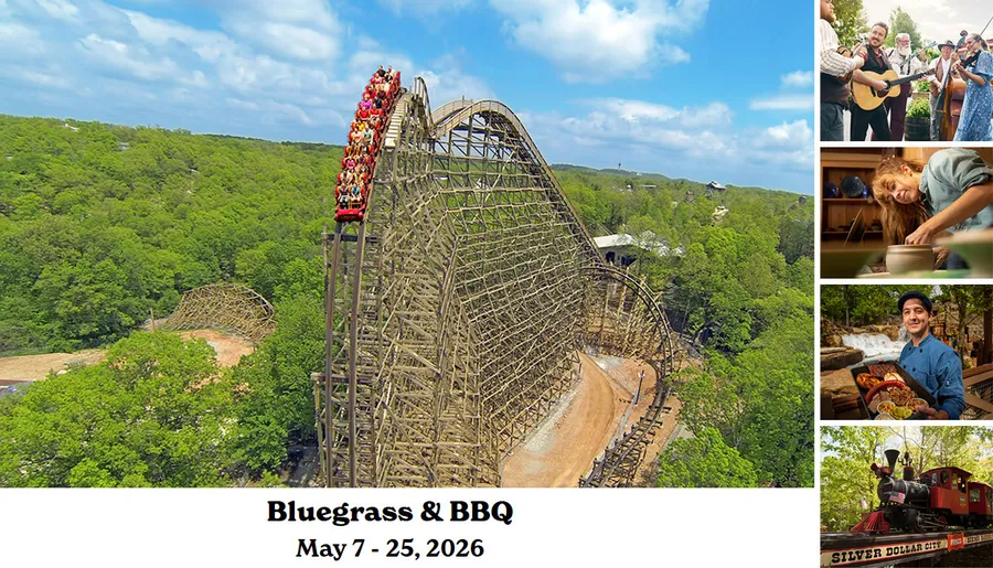 The image is a collage promoting Bluegrass & BBQ at Silver Dollar City from May 7-25, 2026, featuring a roller coaster, live music, pottery making, barbecue food, and a vintage train.