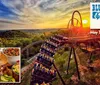 The image promotes the Bluegrass BBQ event happening from May 14-26 2025 featuring a roller coaster a scenic sunset and inset photos of a musician with a mandolin and a chef with a BBQ platter