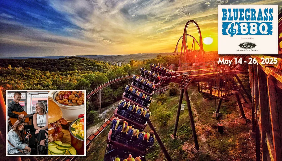 The image promotes the Bluegrass & BBQ event happening from May 14-26, 2025, featuring a roller coaster, a scenic sunset, and inset photos of a musician with a mandolin and a chef with a BBQ platter.