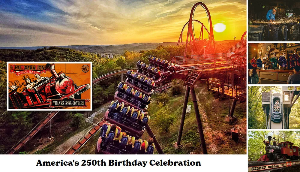 The image showcases a vibrant theme park scene with a roller coaster ride various attractions and a sign celebrating Americas 250th birthday featuring Thunderation - The Final Season