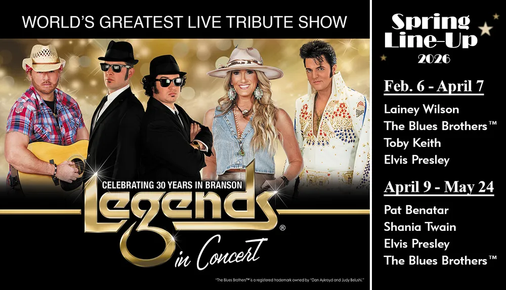 The image is an advertisement for the Legends in Concert tribute show featuring impersonators of famous musicians with a spring lineup for 2026 celebrating 30 years in Branson
