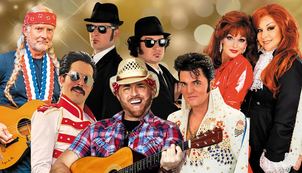 A lively performance is taking place on stage with a group of singers and dancers dressed in vibrant costumes set against a backdrop featuring a large clock