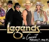 The image is a promotional poster for Legends in Concert featuring impersonators of famous music icons with dates from February 7 to May 31 2025