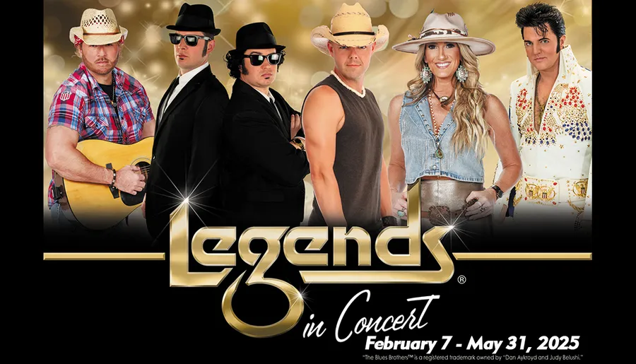 The image is a promotional poster for Legends in Concert, featuring impersonators of famous music icons, with dates from February 7 to May 31, 2025.