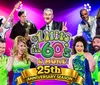 The image shows a vibrant promotional poster for 1 Hits of the 60s  More celebrating its 25th anniversary season featuring a group of lively performers with musical instruments against a colorful background