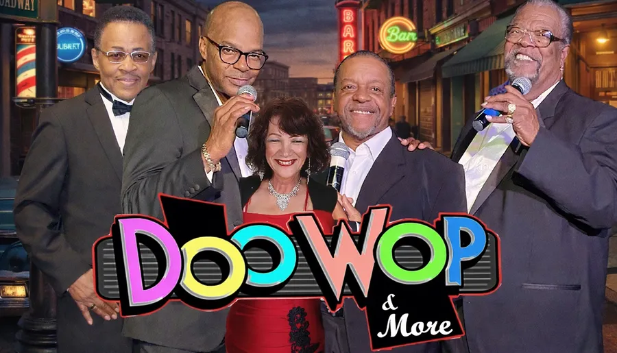 The image features a group of five people, four men in suits and a woman in a red dress, holding microphones in front of a backdrop of a street scene, with colorful text reading Doo Wop & More overlaying the bottom.