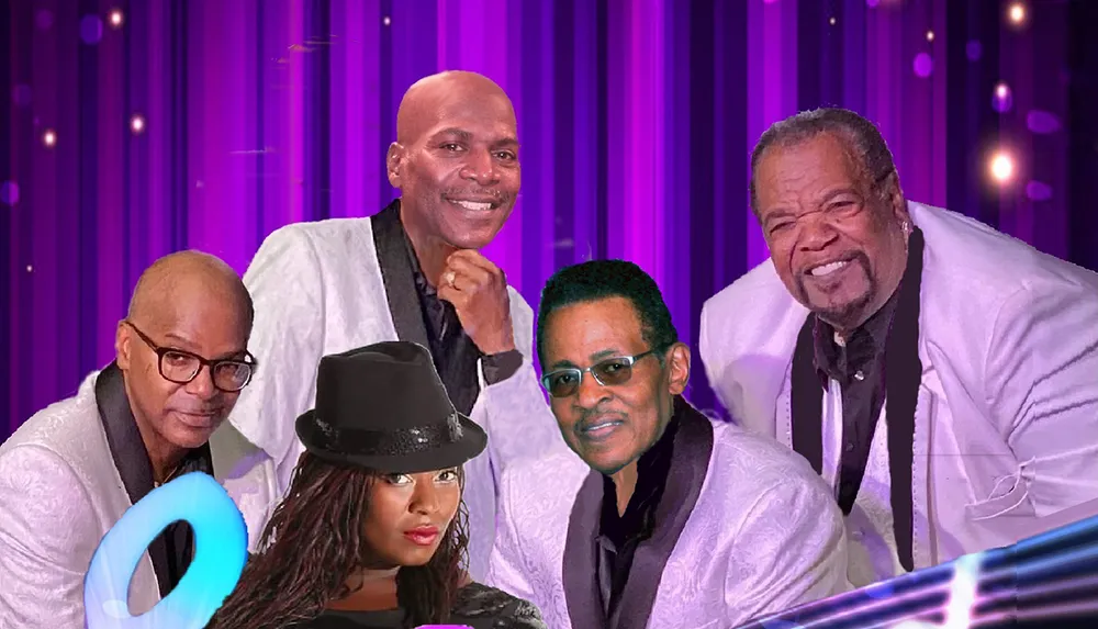 This is a digitally altered image featuring a montage of various people seemingly performers with a backdrop of purple stage curtains and spotlights