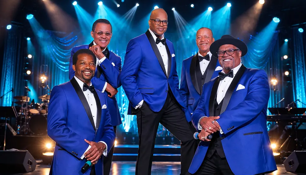Five men wearing matching blue tuxedos and bow ties standing on a stage with musical instruments in the background and blue lighting