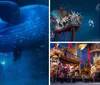 The image shows a family enjoying a realistic underwater projection or exhibit featuring a whale with expressions of wonder and joy on their faces