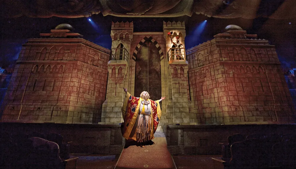 A performer dressed in lavish medieval-style robes is standing with outstretched arms on a theater stage set to resemble a grand castle gate