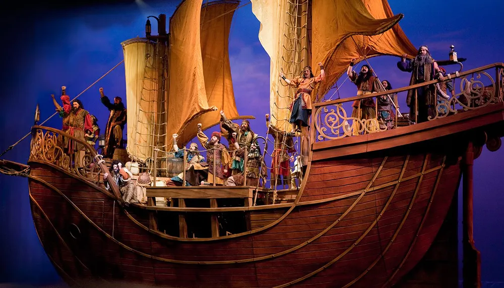 A group of costumed performers on a large elaborately constructed stage set of a sailing ship likely enacting a scene from a theatrical production or opera