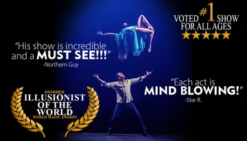 The image promotes a highly acclaimed magic show, featuring a performer levitating a woman, with enthusiastic reviews and accolades like 
