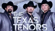 The image showcases three men dressed in cowboy hats and suits, identified as
