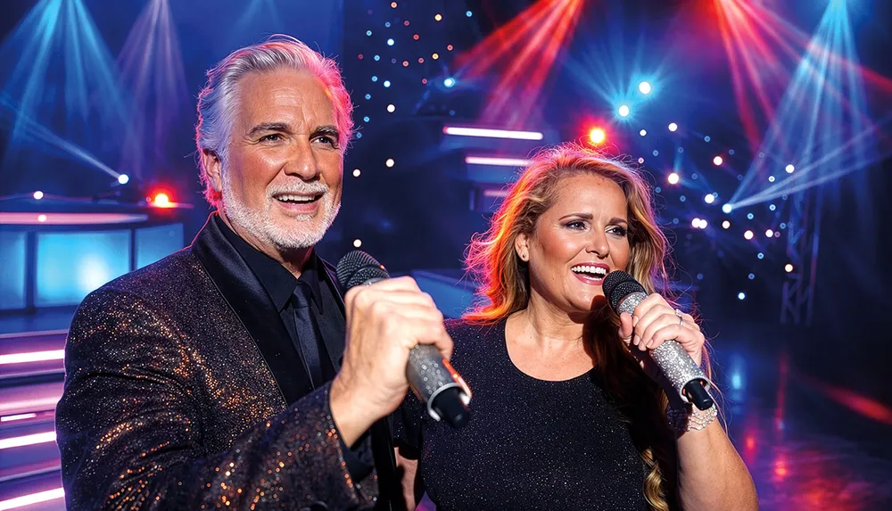 A man and woman are joyfully singing on stage holding microphones surrounded by colorful stage lights