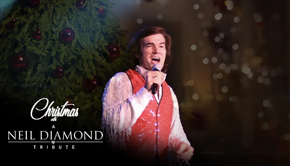 A person is performing on stage with a microphone in hand wearing a red sequined vest with a Christmas tree in the background suggesting a holiday theme